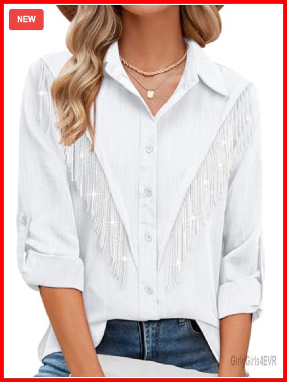 Womens Sparkly Fringe Button Down Shirt Western Concert Top 3/4 Sleeve